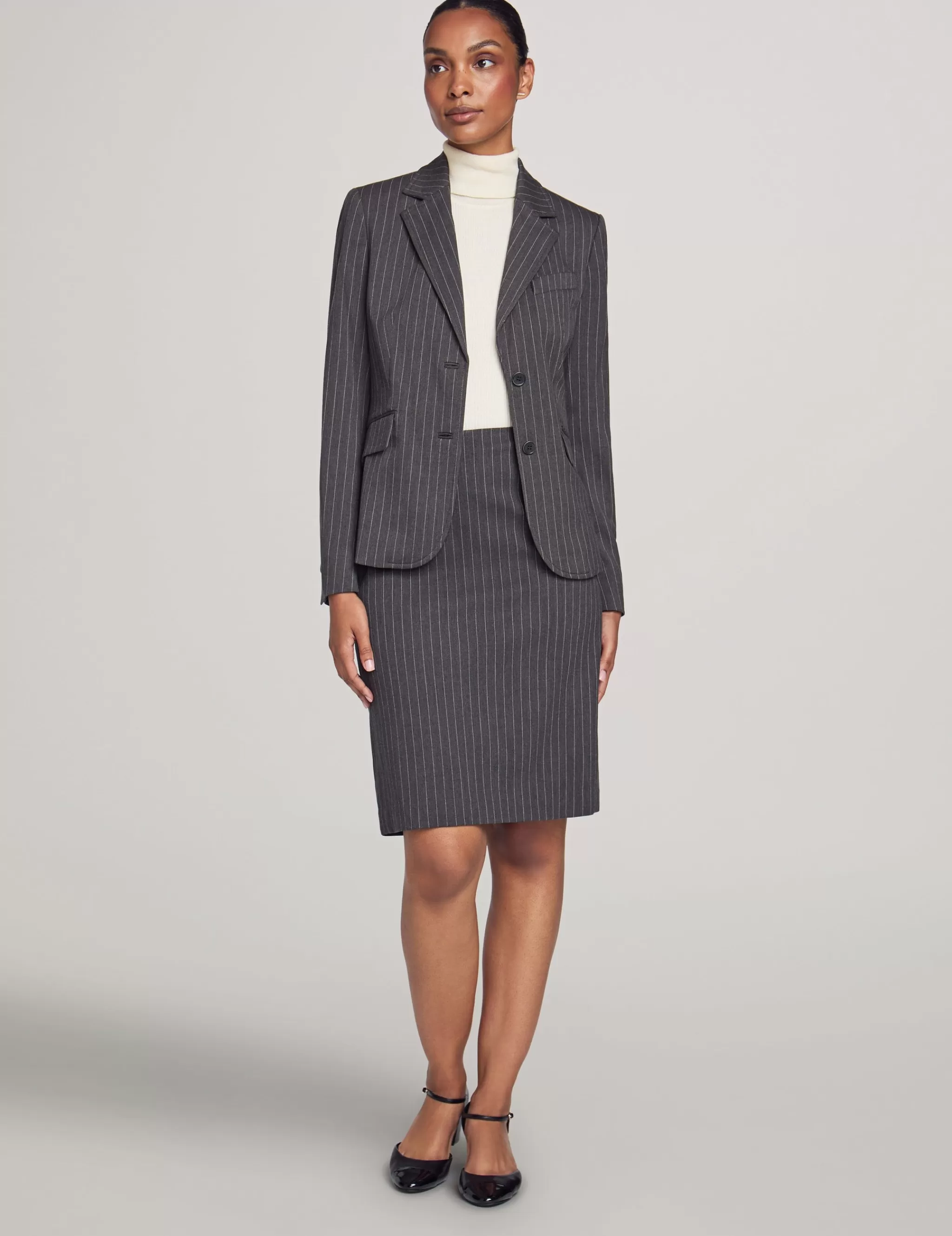 Discount Anne Klein Executive Collection Pinstripe Two Button Jacket With Pant And Skirt Charcoal/Bright White