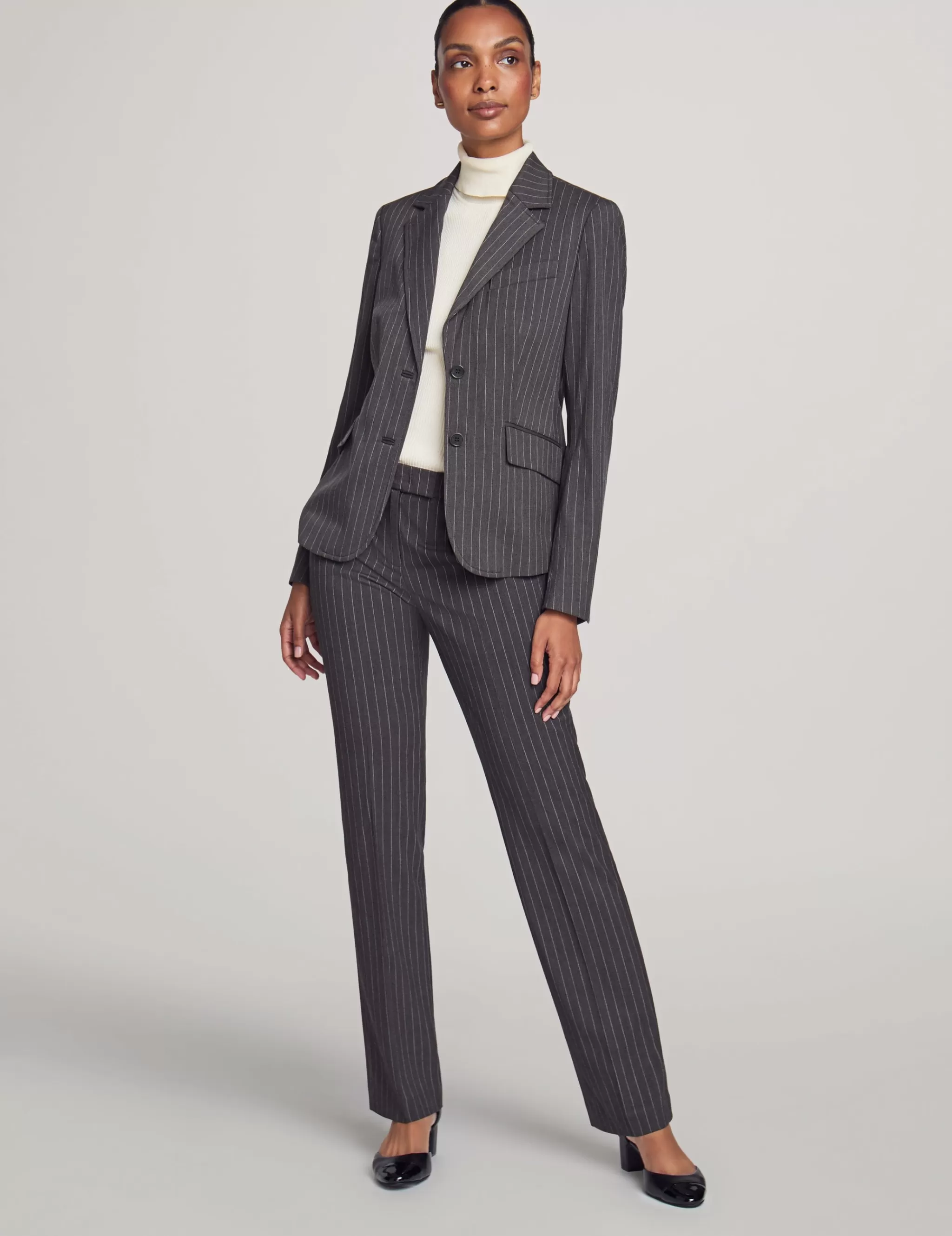 Discount Anne Klein Executive Collection Pinstripe Two Button Jacket With Pant And Skirt Charcoal/Bright White