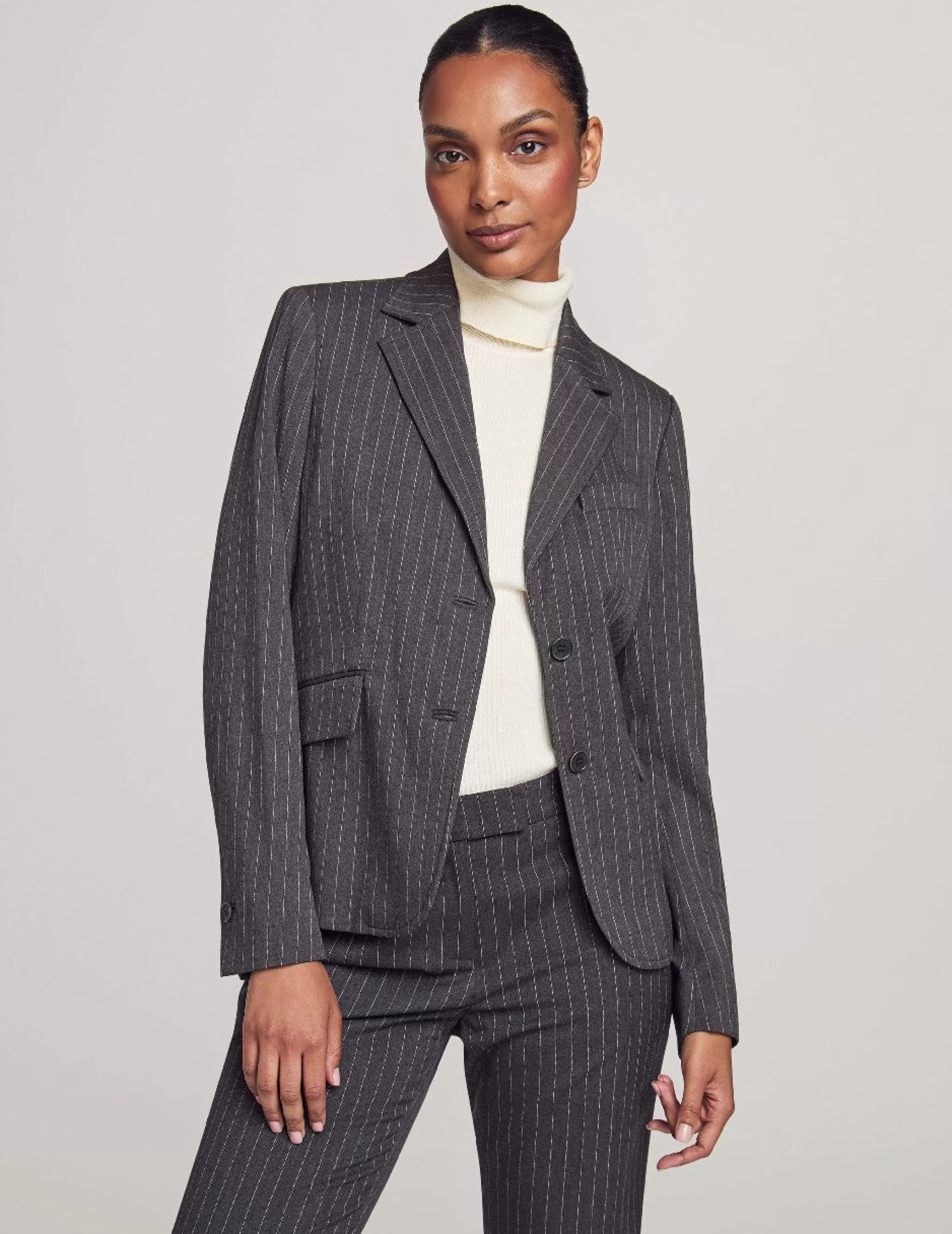 Discount Anne Klein Executive Collection Pinstripe Two Button Jacket With Pant And Skirt Charcoal/Bright White