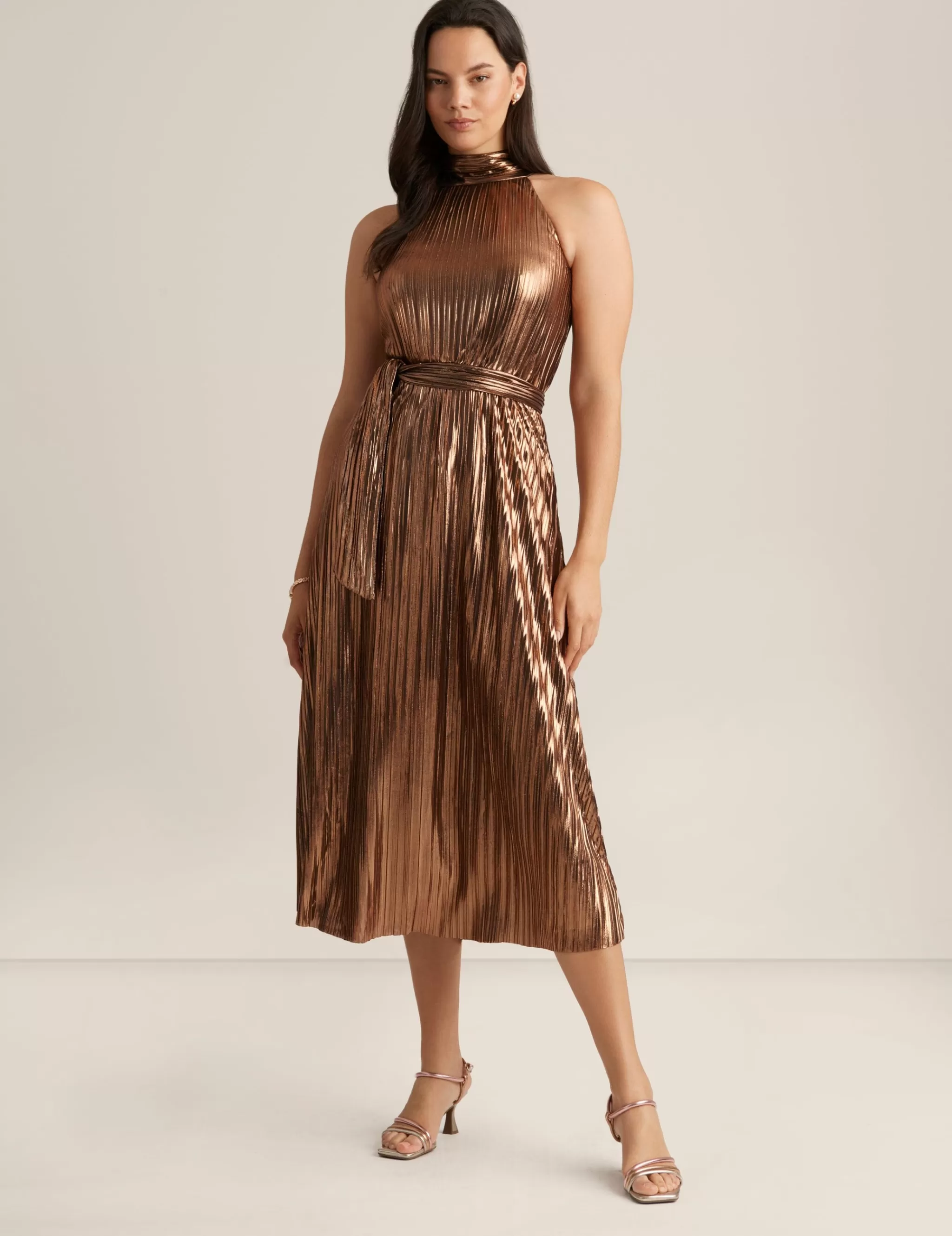 Discount Anne Klein Mock Neck Halter Midi Bronze