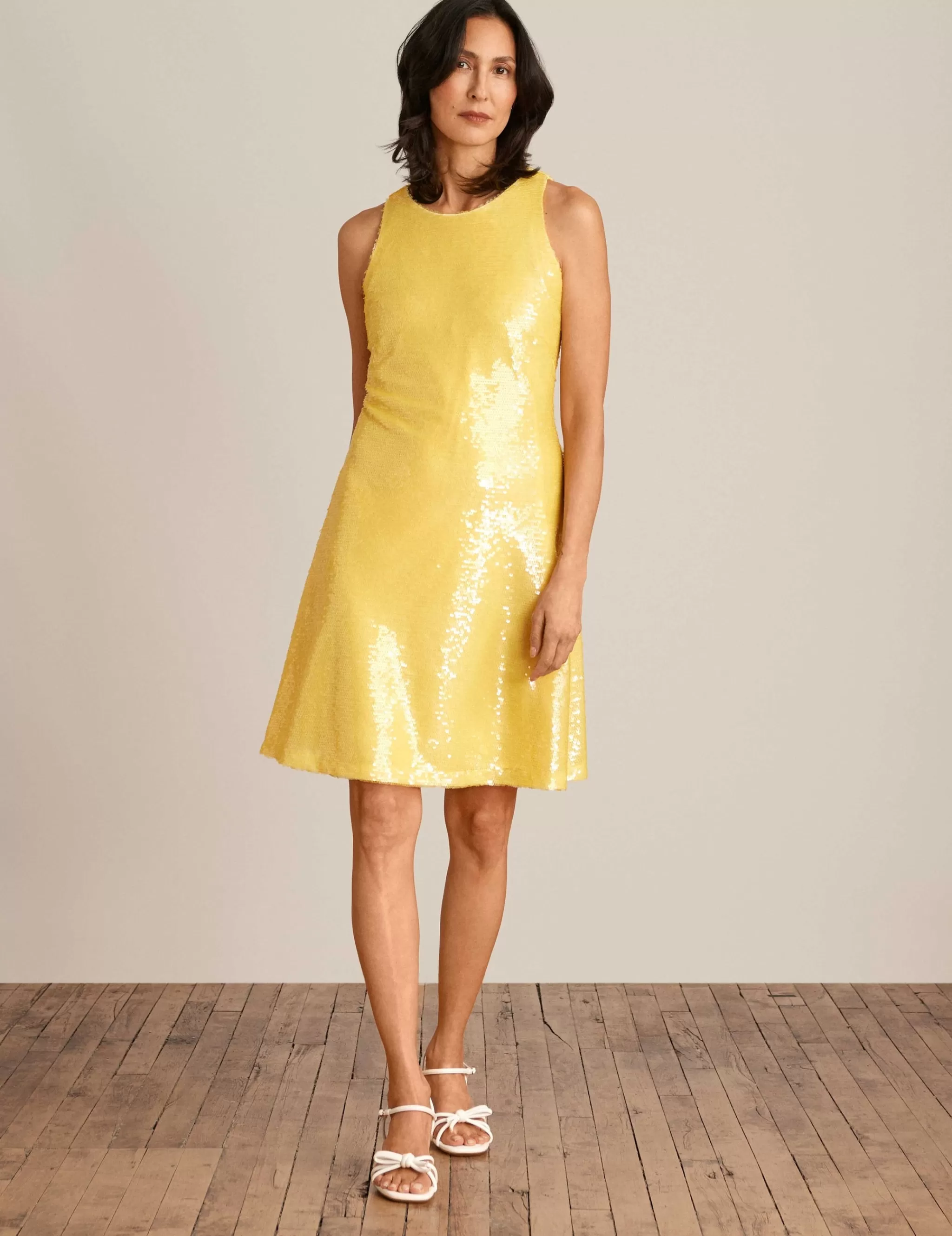 Sale Anne Klein Sequin Sleeveless Swing Dress Tuscan Yellow